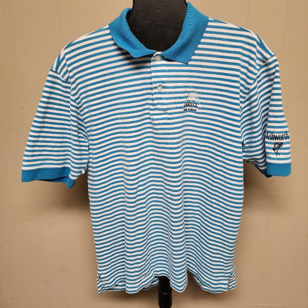 Ashworth Men's Large Blue White Striped Oaks Country Club New Albany Polo Shirt